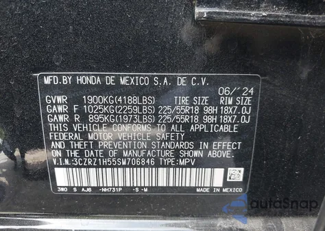 2025 Honda Hr-V 2Wd Sport из США, поврежденный, VIN 3CZRZ1H55SM706846